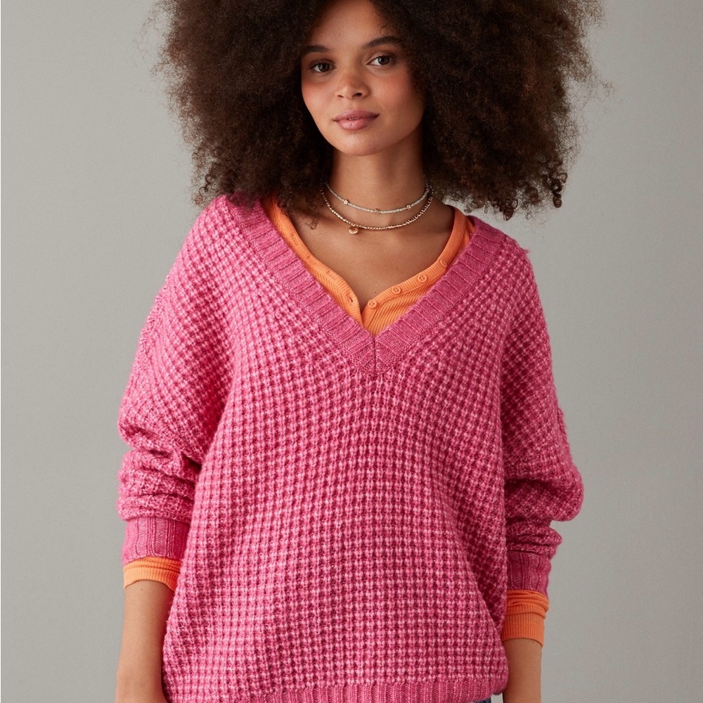 Pink V-Neck Waffle Knit Sweater - Women
